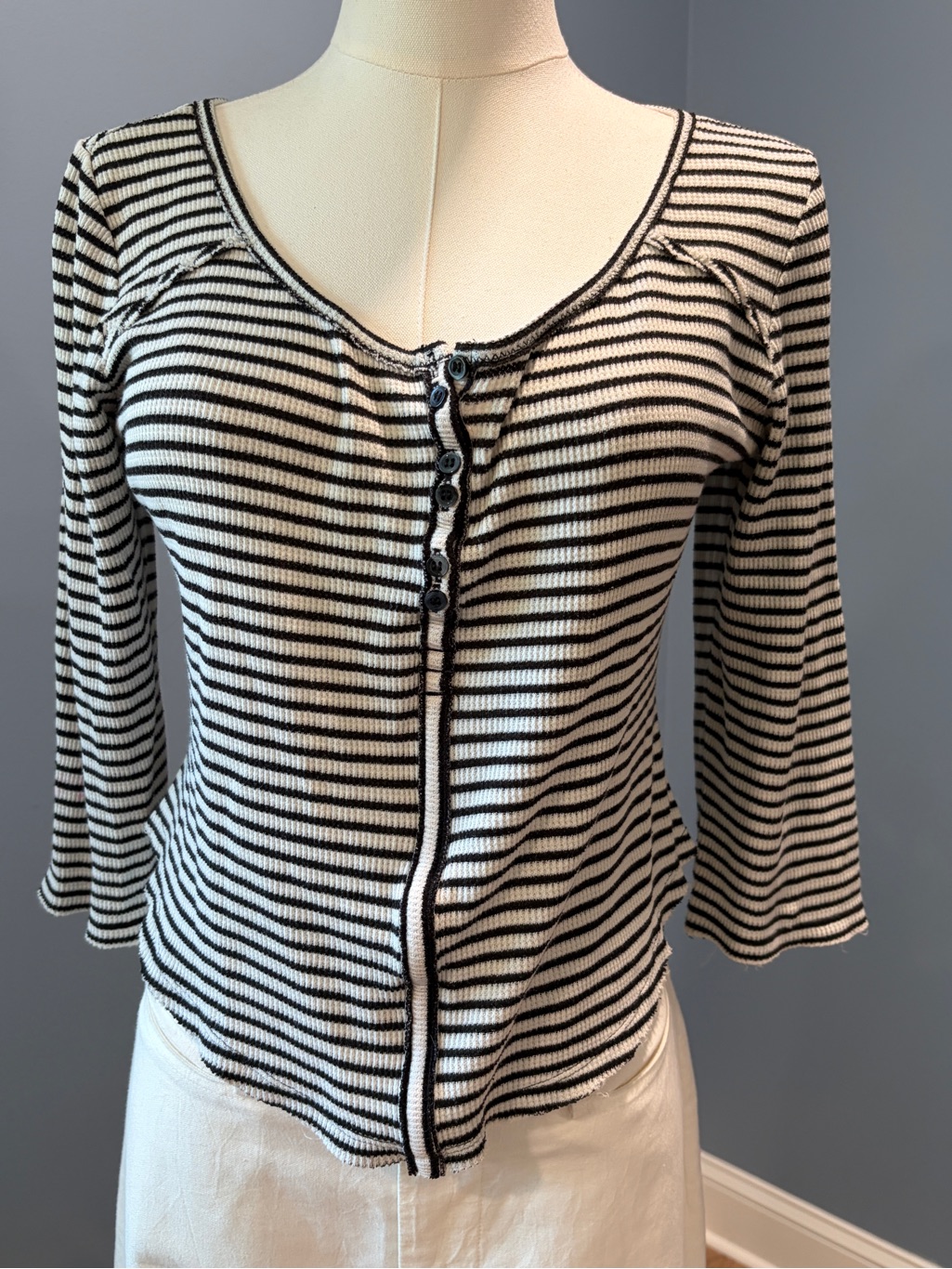Free People We The Free Black White Striped Thermal Henley Top Size L